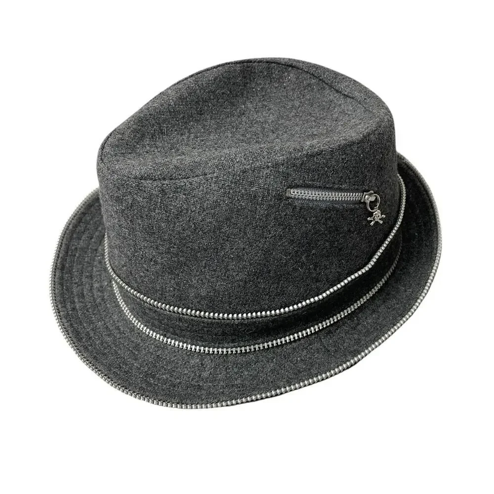 Cha Chas House of Ill Repute Fedora Hat Womens Gray Lined Zip Pocket Skull 6 3/4